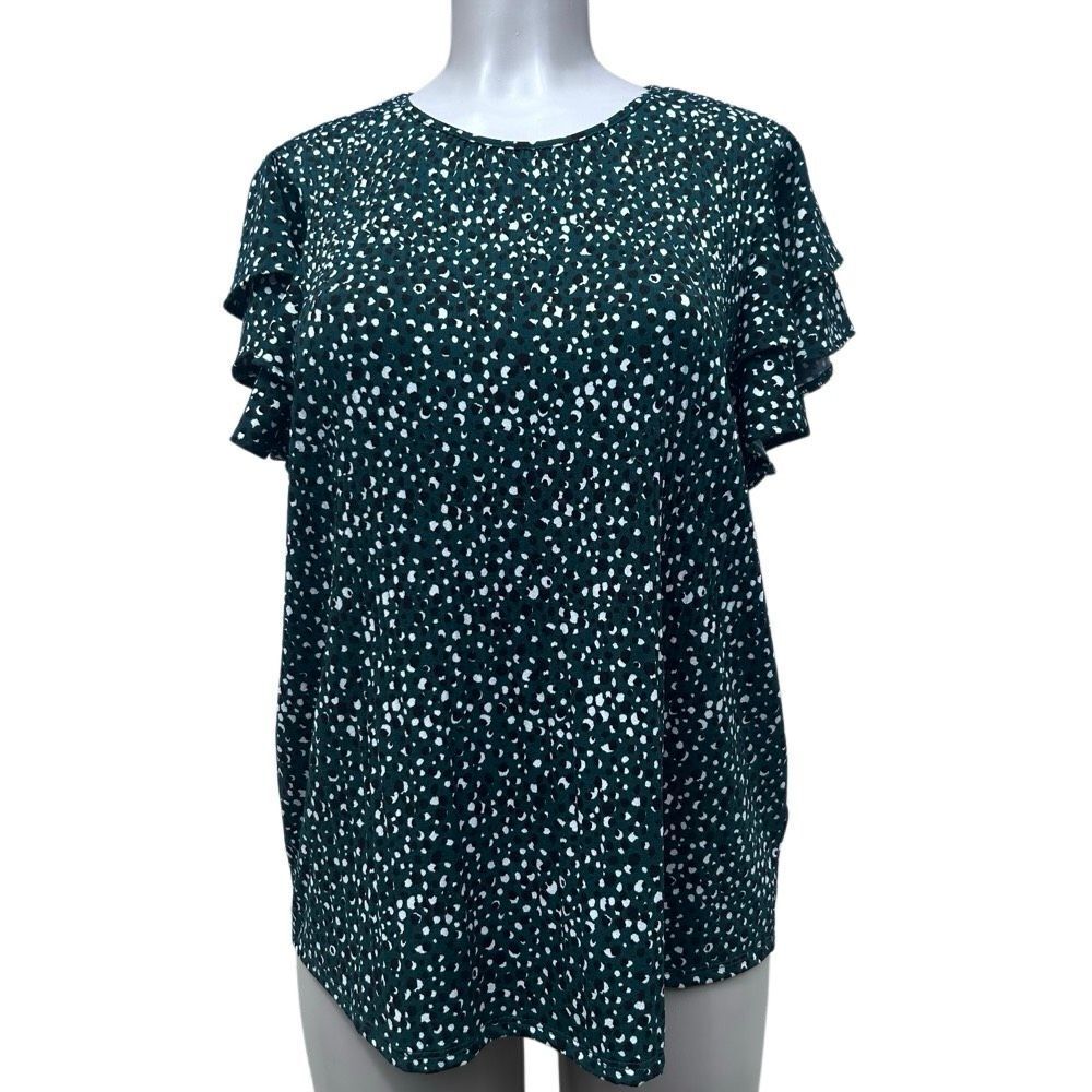 NWOT Adrianna Papell Blouse Large Green & Black Spotted Print Flutter Sleeve